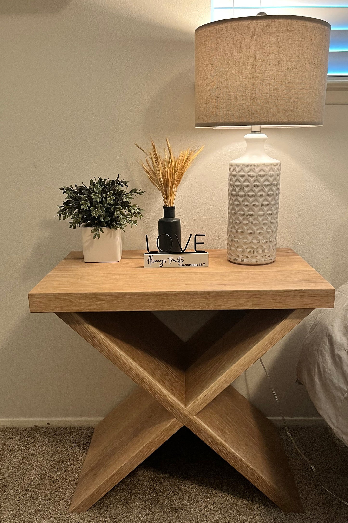 Solid Hardwood White Oak Nightstand Set, Accent Tables || Elegant White Oak X-Base Nightstands || Set of 2 Bedroom Accents