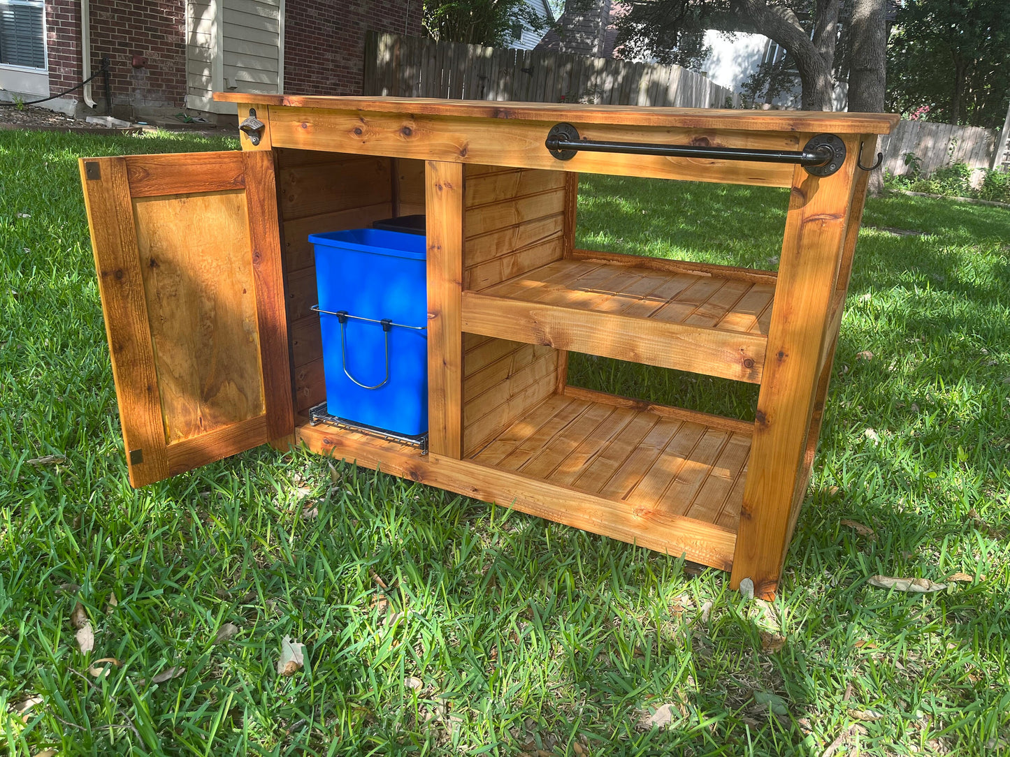 Sliding Trashcan Cedar Bar Cart; Outdoor Kitchen Cabinet