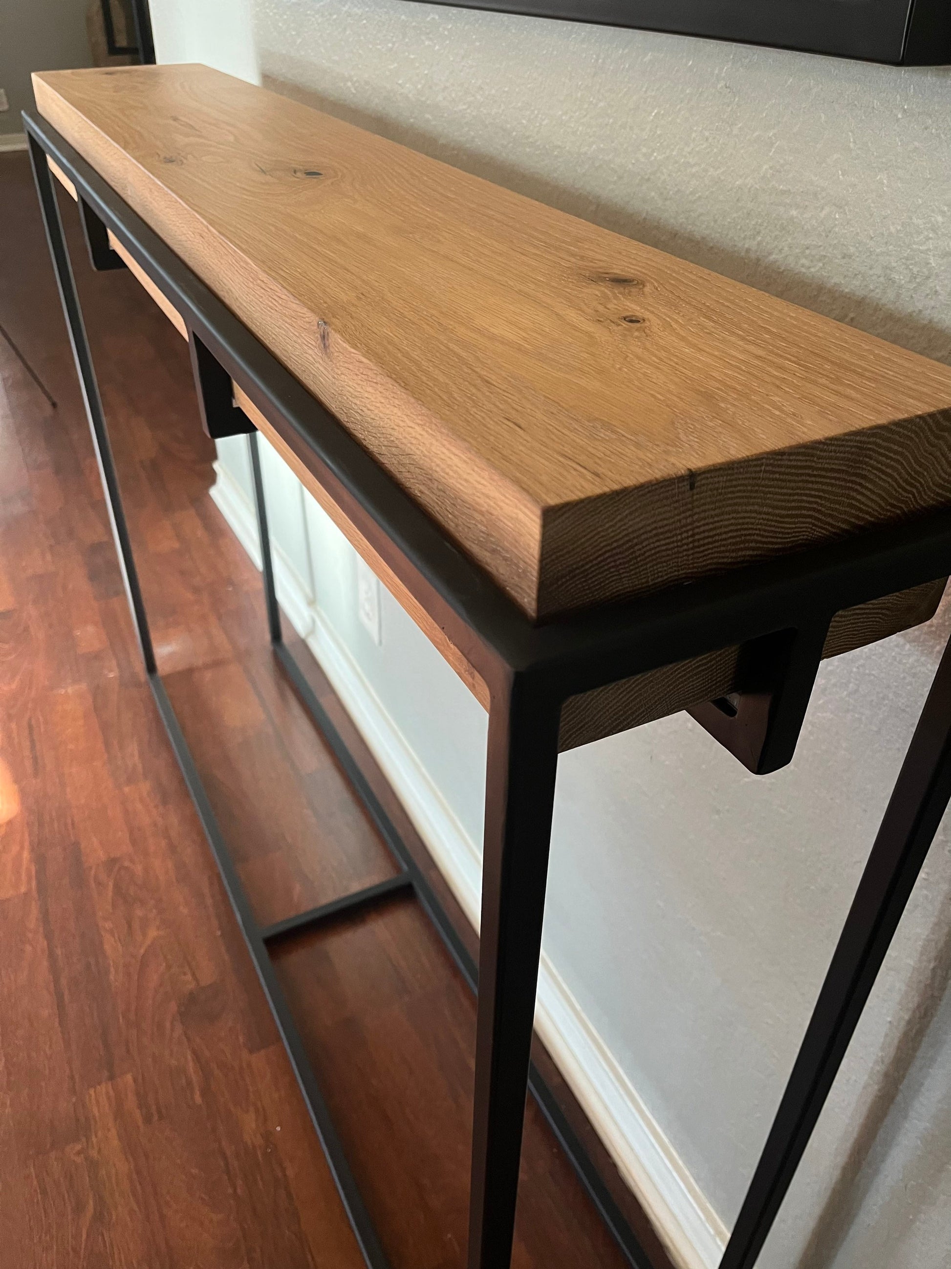 White Oak Narrow Entryway Console Table; Metal Basket Minimalist, 21st Century Sofa Table