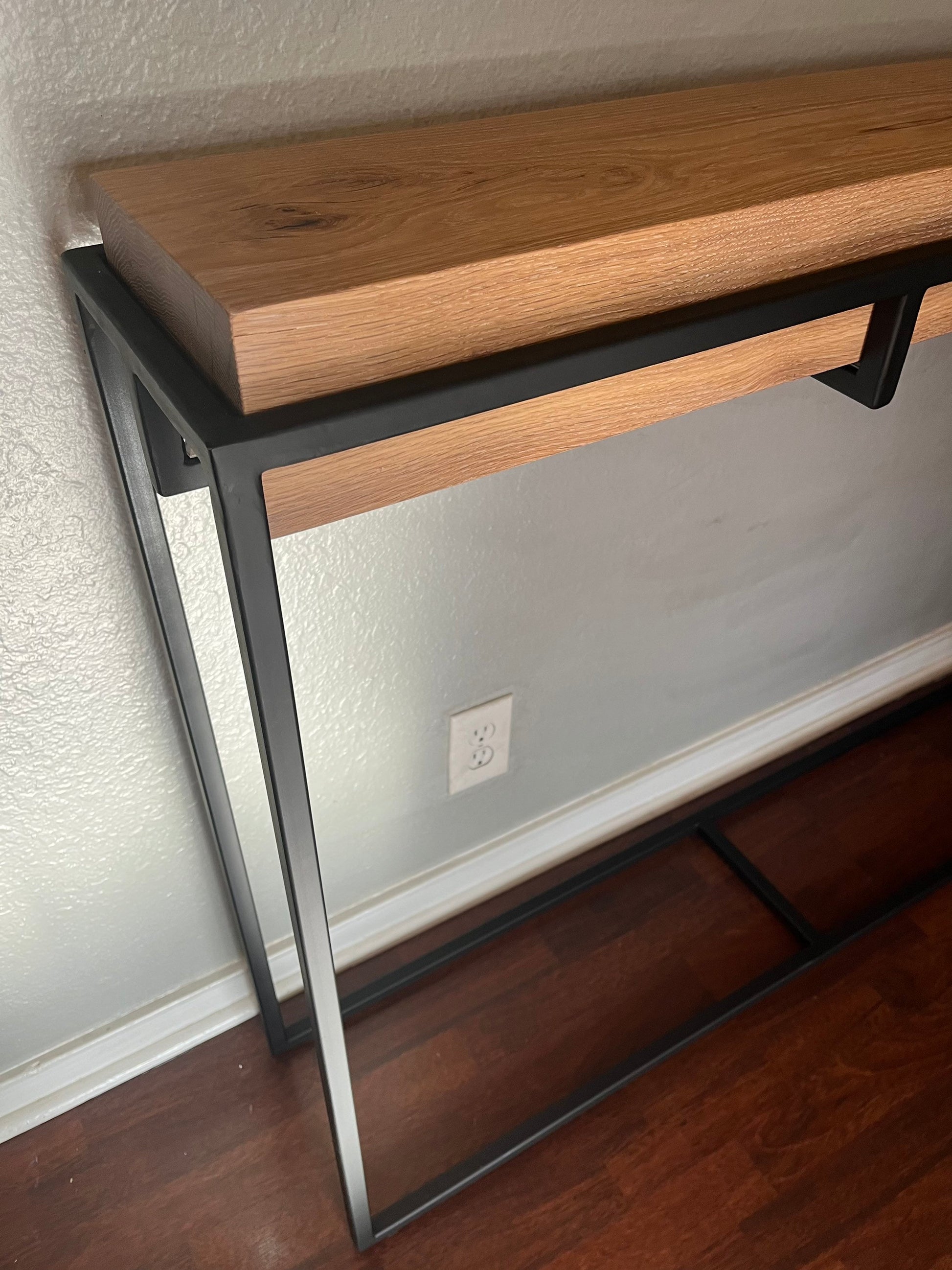 White Oak Narrow Entryway Console Table; Metal Basket Minimalist, 21st Century Sofa Table