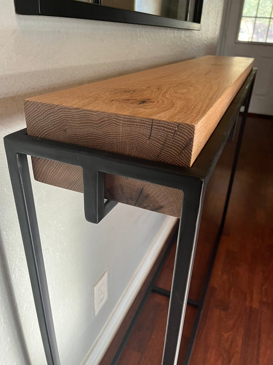 White Oak Narrow Entryway Console Table; Metal Basket Minimalist, 21st Century Sofa Table