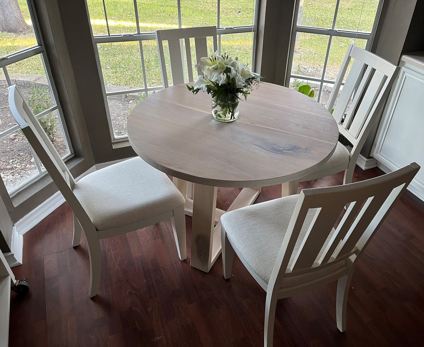 Round Dining Table with Matching, Geometric Base || Circular Hardwood Pedestal Table || Breakfast Nook Table || Ash or Hickory