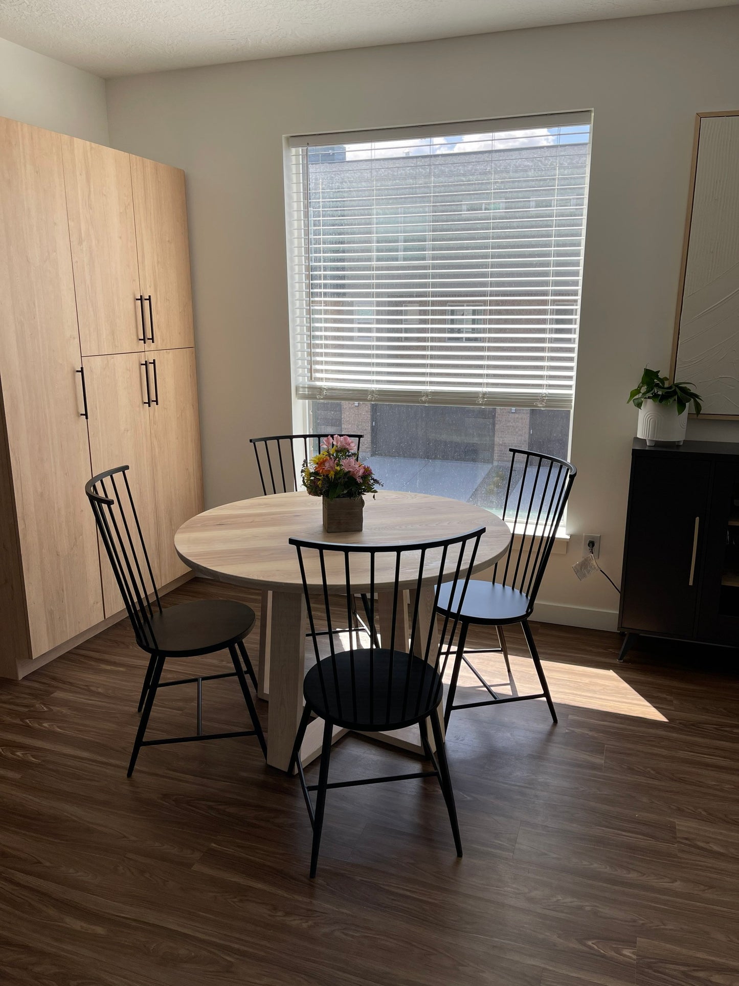 Round Dining Table with Matching, Geometric Base || Circular Hardwood Pedestal Table || Breakfast Nook Table || Ash or Hickory