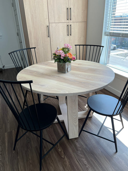 Round Dining Table with Matching, Geometric Base || Circular Hardwood Pedestal Table || Breakfast Nook Table || Ash or Hickory