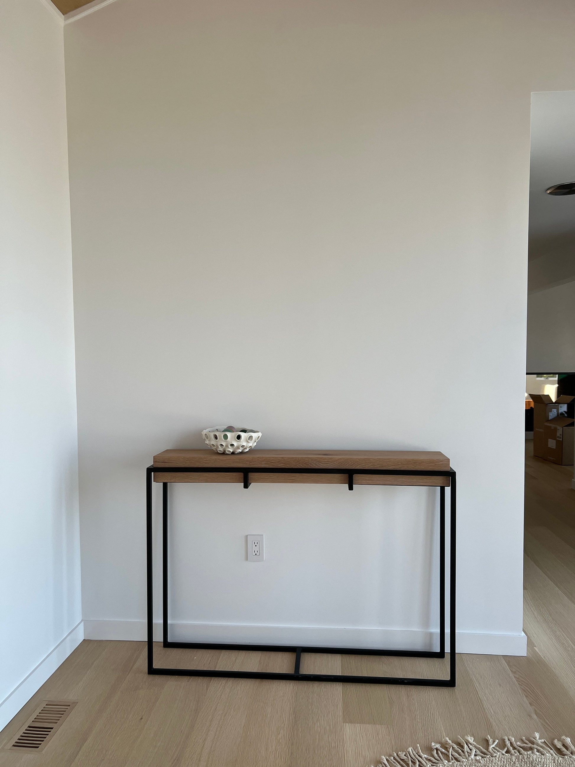 White Oak Narrow Entryway Console Table; Metal Basket Minimalist, 21st Century Sofa Table