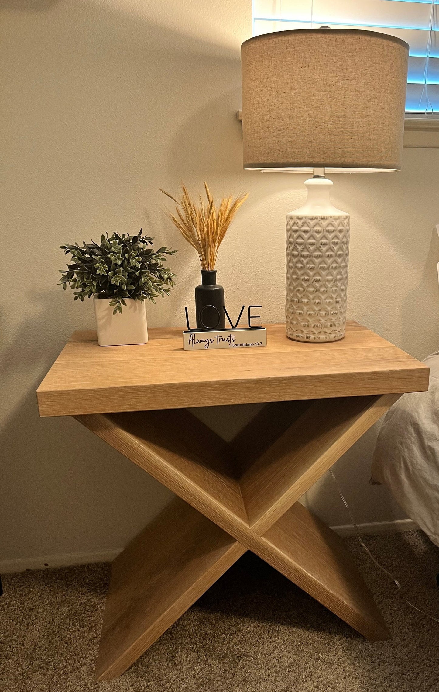 Solid Hardwood White Oak Nightstand Set, Accent Tables || Elegant White Oak X-Base Nightstands || Set of 2 Bedroom Accents