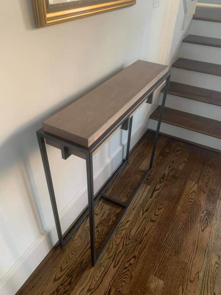 White Oak Narrow Entryway Console Table; Metal Basket Minimalist, 21st Century Sofa Table