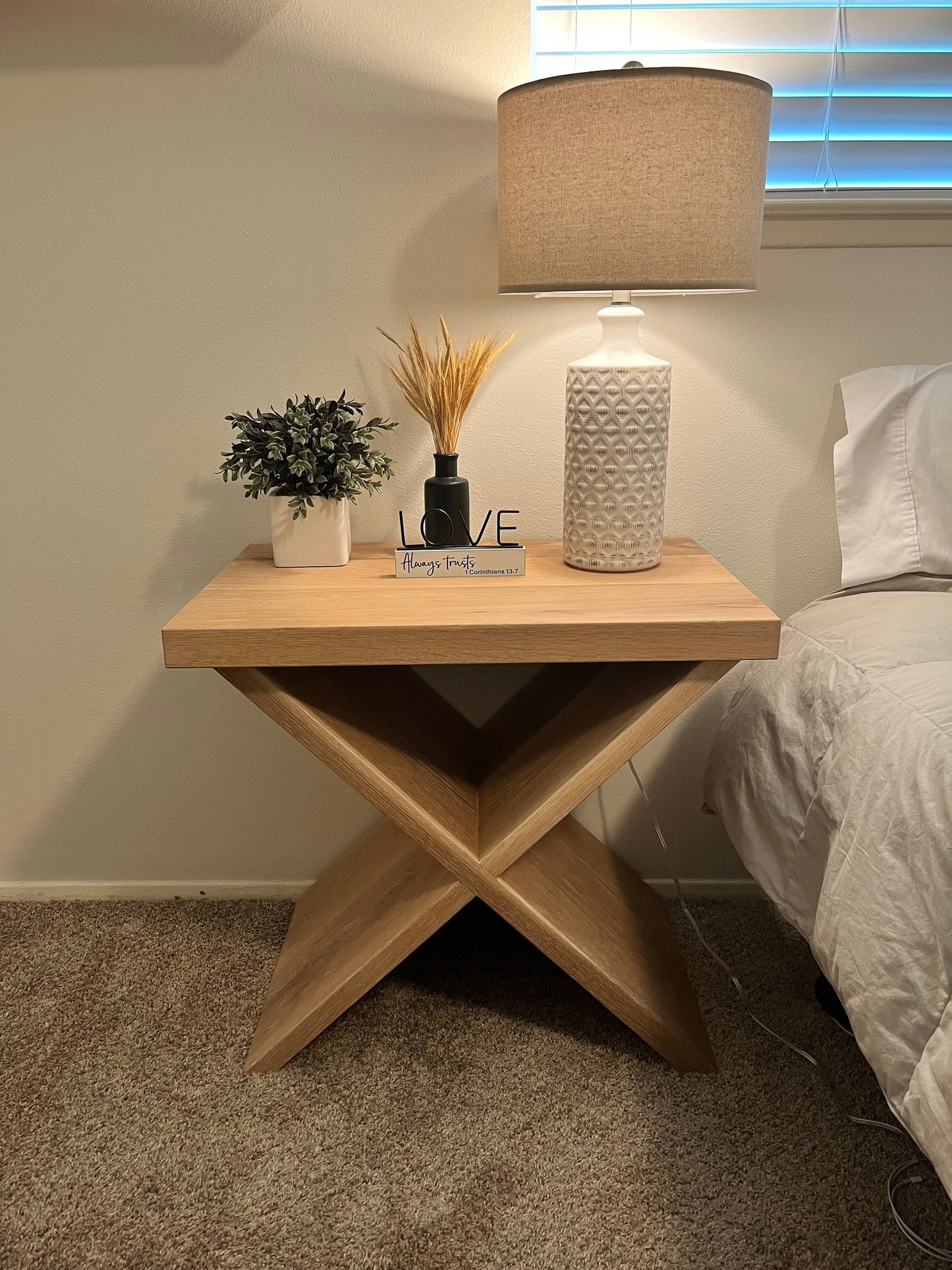 Solid Hardwood White Oak Nightstand Set, Accent Tables || Elegant White Oak X-Base Nightstands || Set of 2 Bedroom Accents