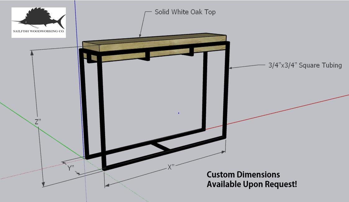 White Oak Narrow Entryway Console Table; Metal Basket Minimalist, 21st Century Sofa Table