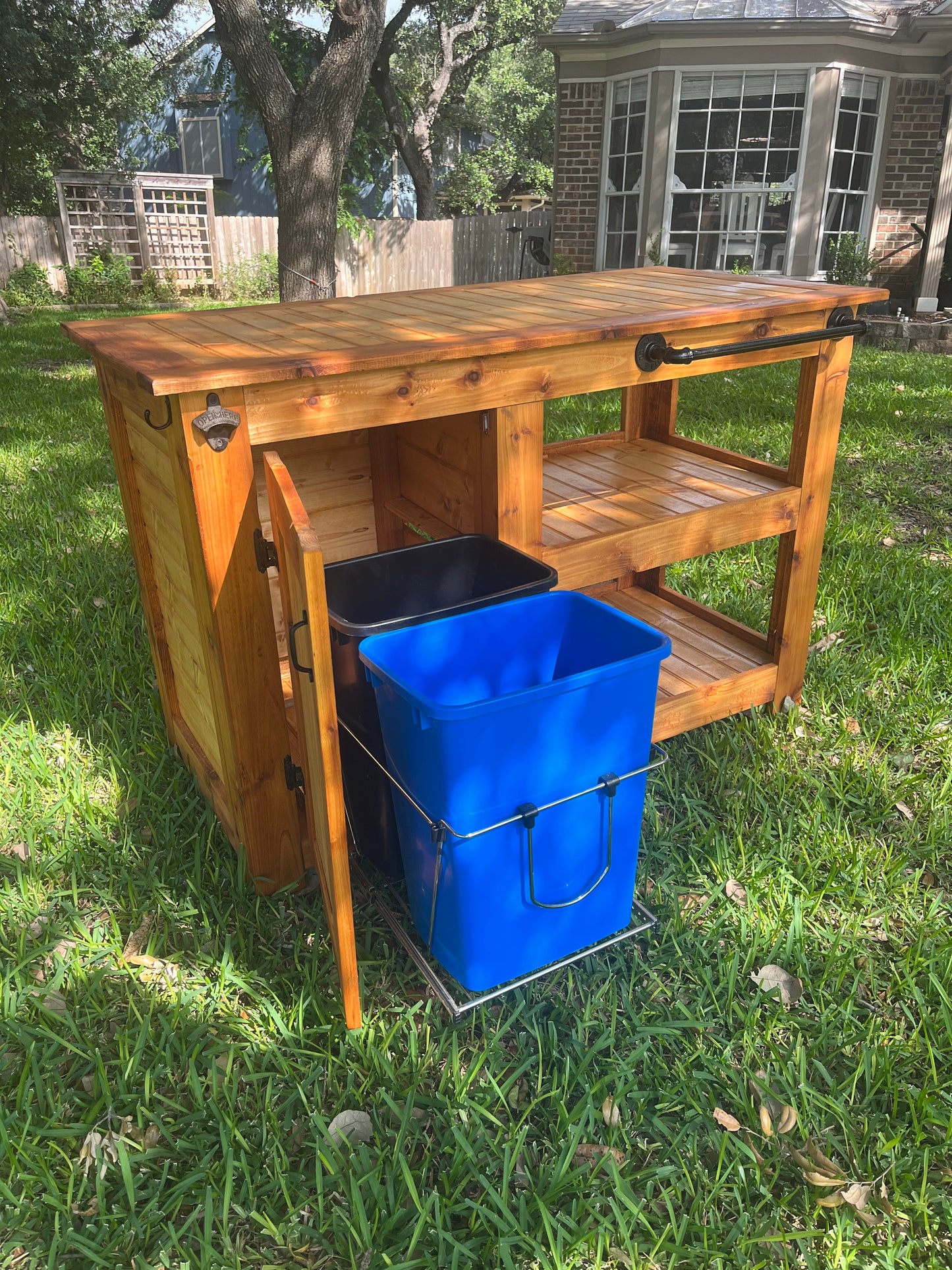 Sliding Trashcan Cedar Bar Cart; Outdoor Kitchen Cabinet