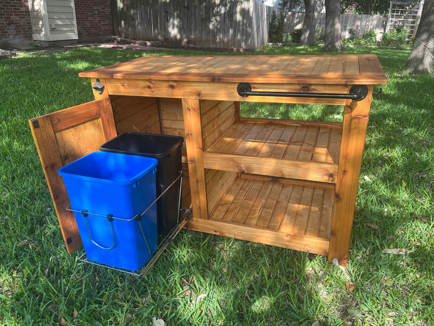 Sliding Trashcan Cedar Bar Cart; Outdoor Kitchen Cabinet