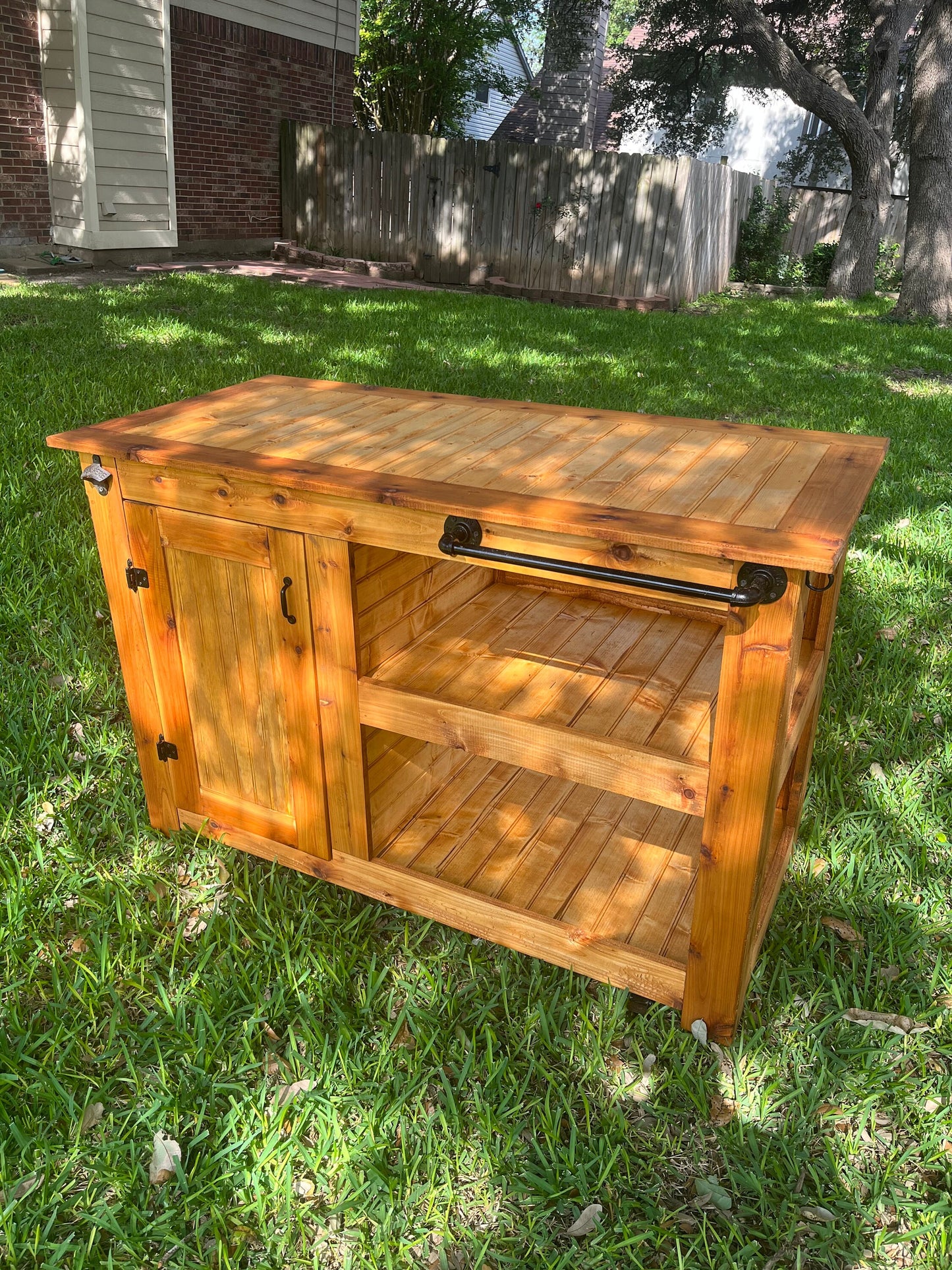 Sliding Trashcan Cedar Bar Cart; Outdoor Kitchen Cabinet