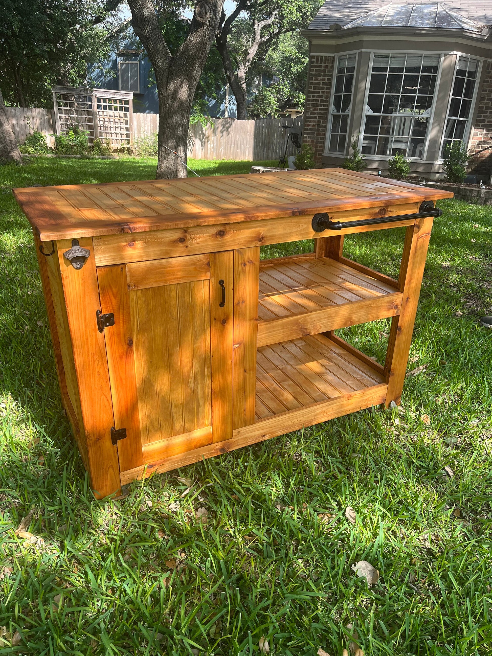 Sliding Trashcan Cedar Bar Cart; Outdoor Kitchen Cabinet