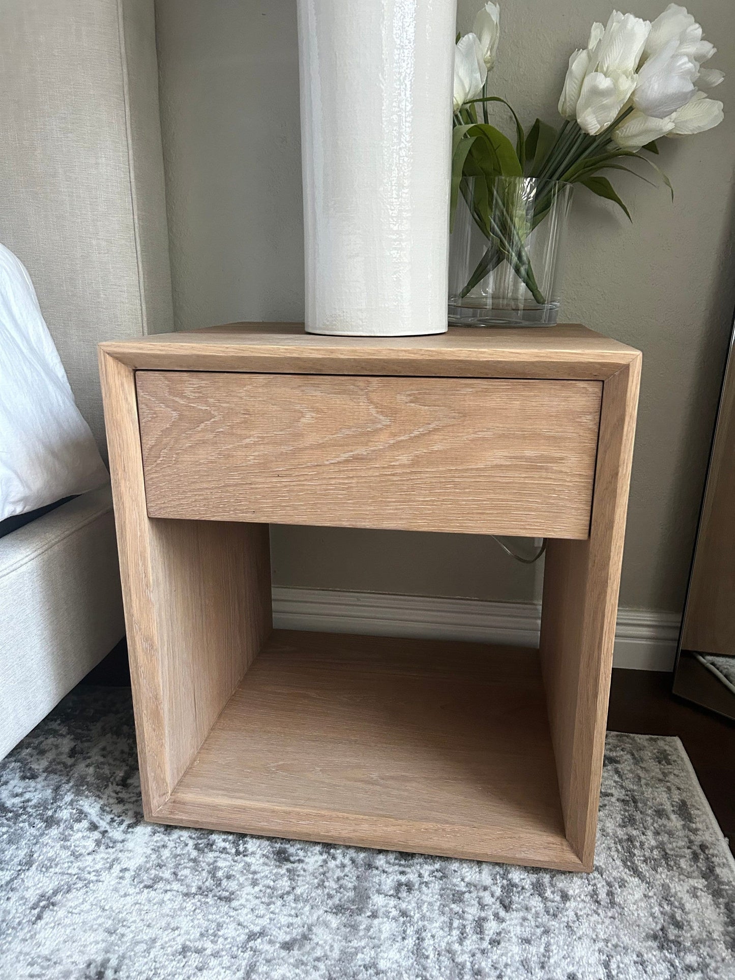 Modern White Oak Nightstand || Push to Open Drawer Bedside Table with Shelf || Set of 2 || Hardwood White Oak