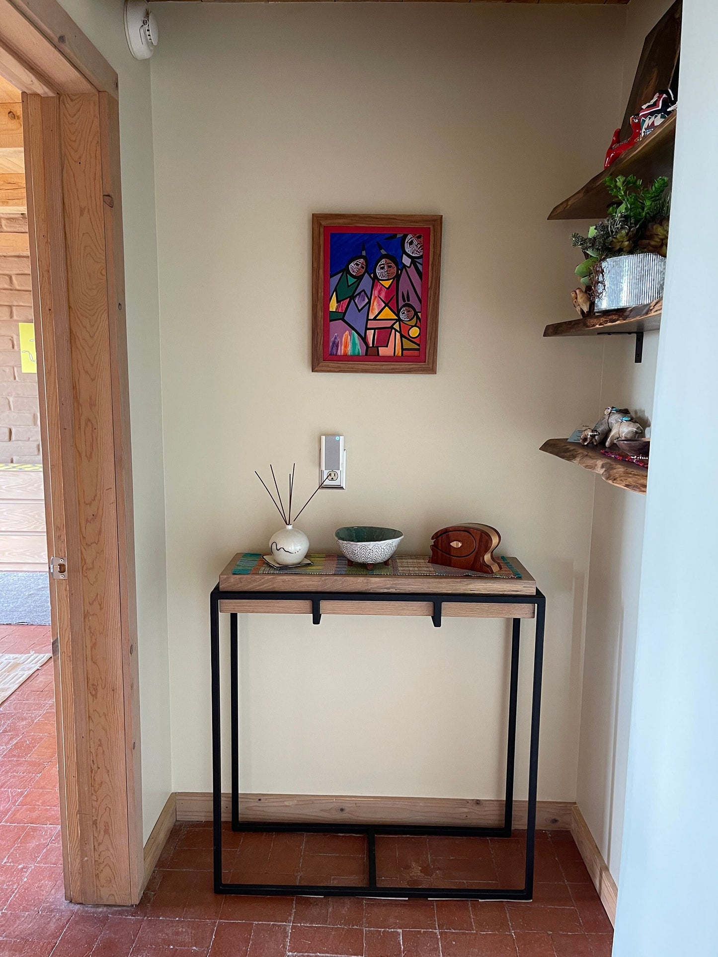 White Oak Narrow Entryway Console Table; Metal Basket Minimalist, 21st Century Sofa Table