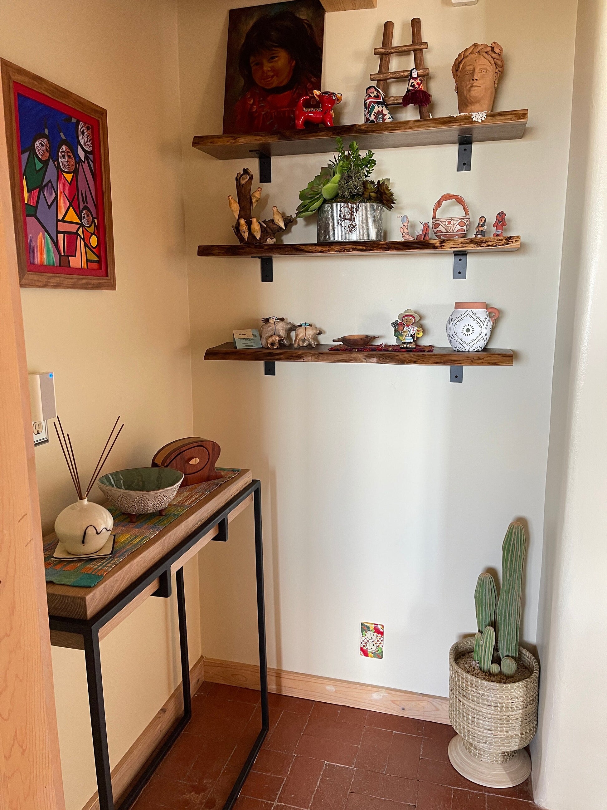 White Oak Narrow Entryway Console Table; Metal Basket Minimalist, 21st Century Sofa Table