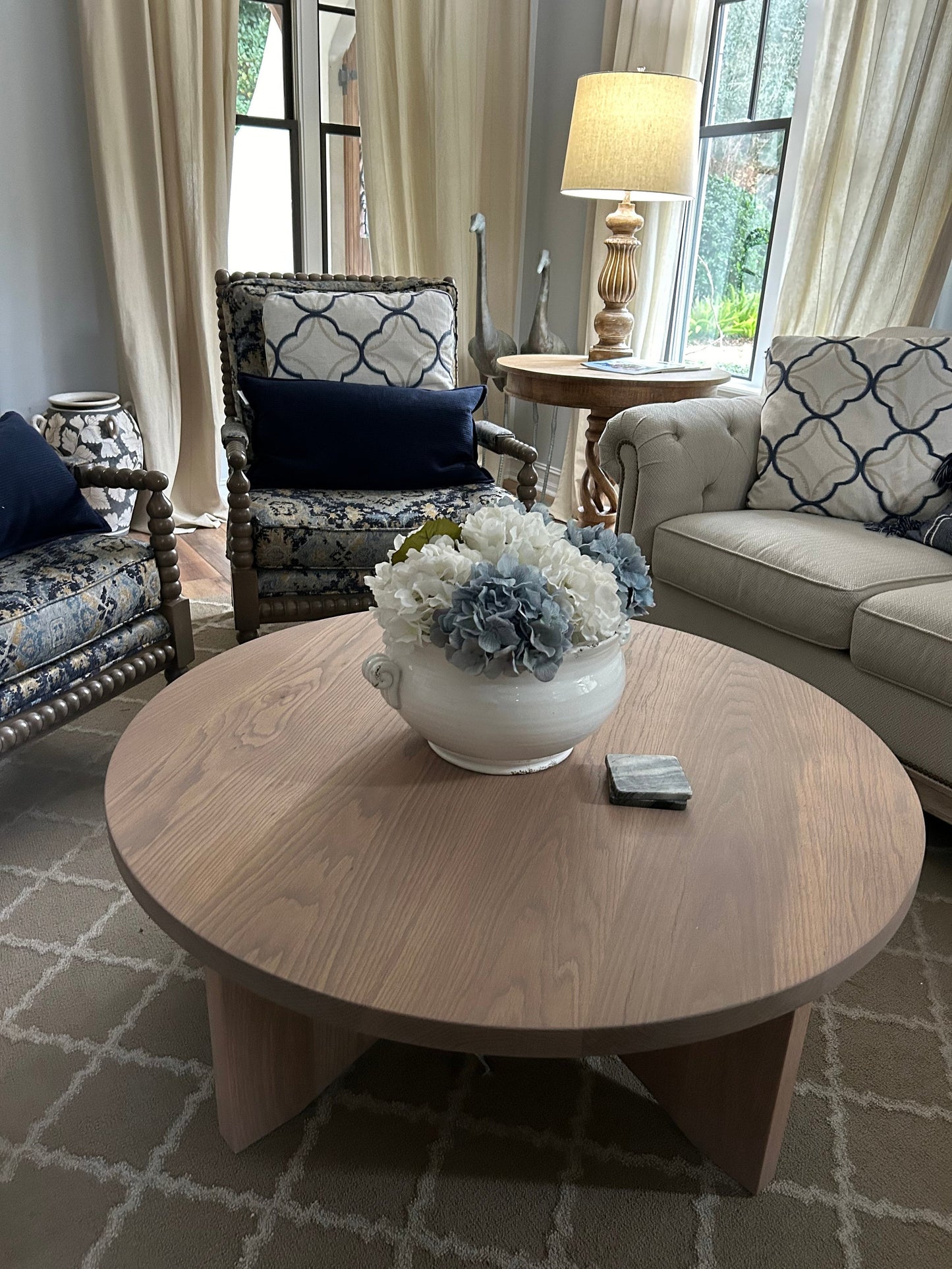 Modern Round White Oak Coffee Table with X Base