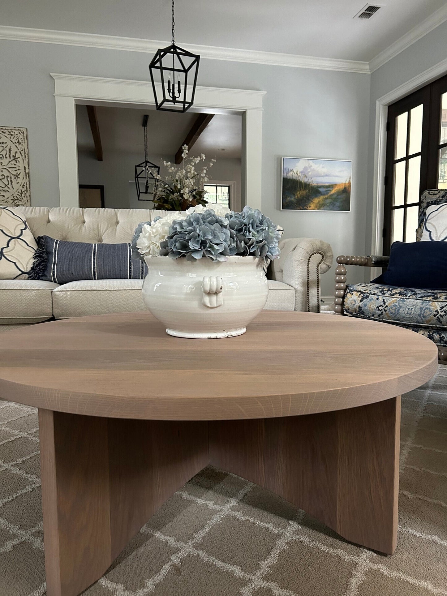 Modern Round White Oak Coffee Table with X Base