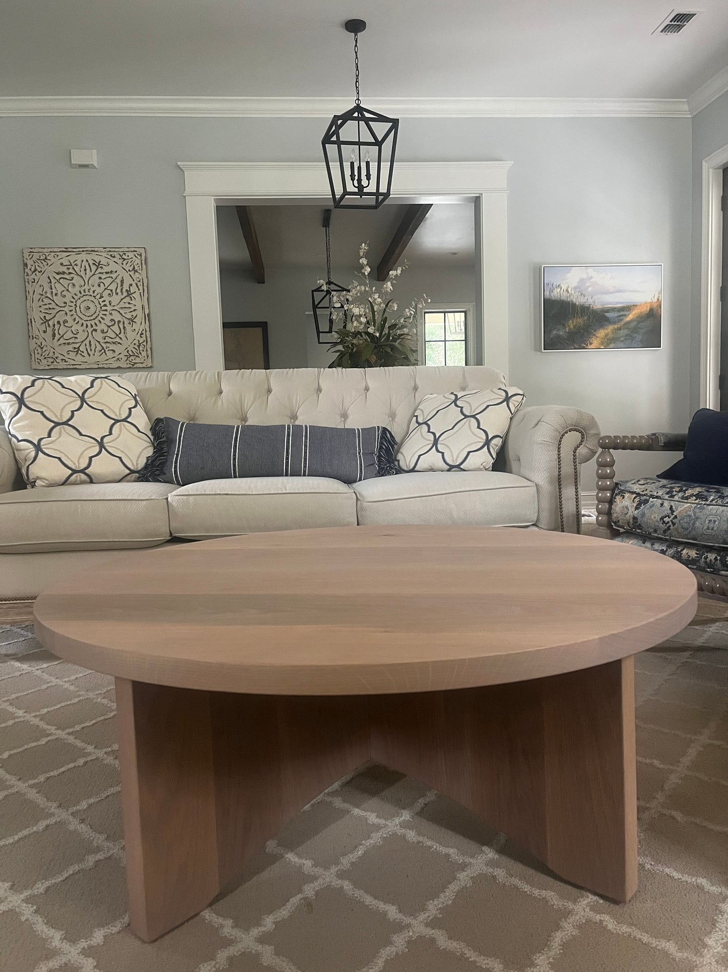 Modern Round White Oak Coffee Table with X Base