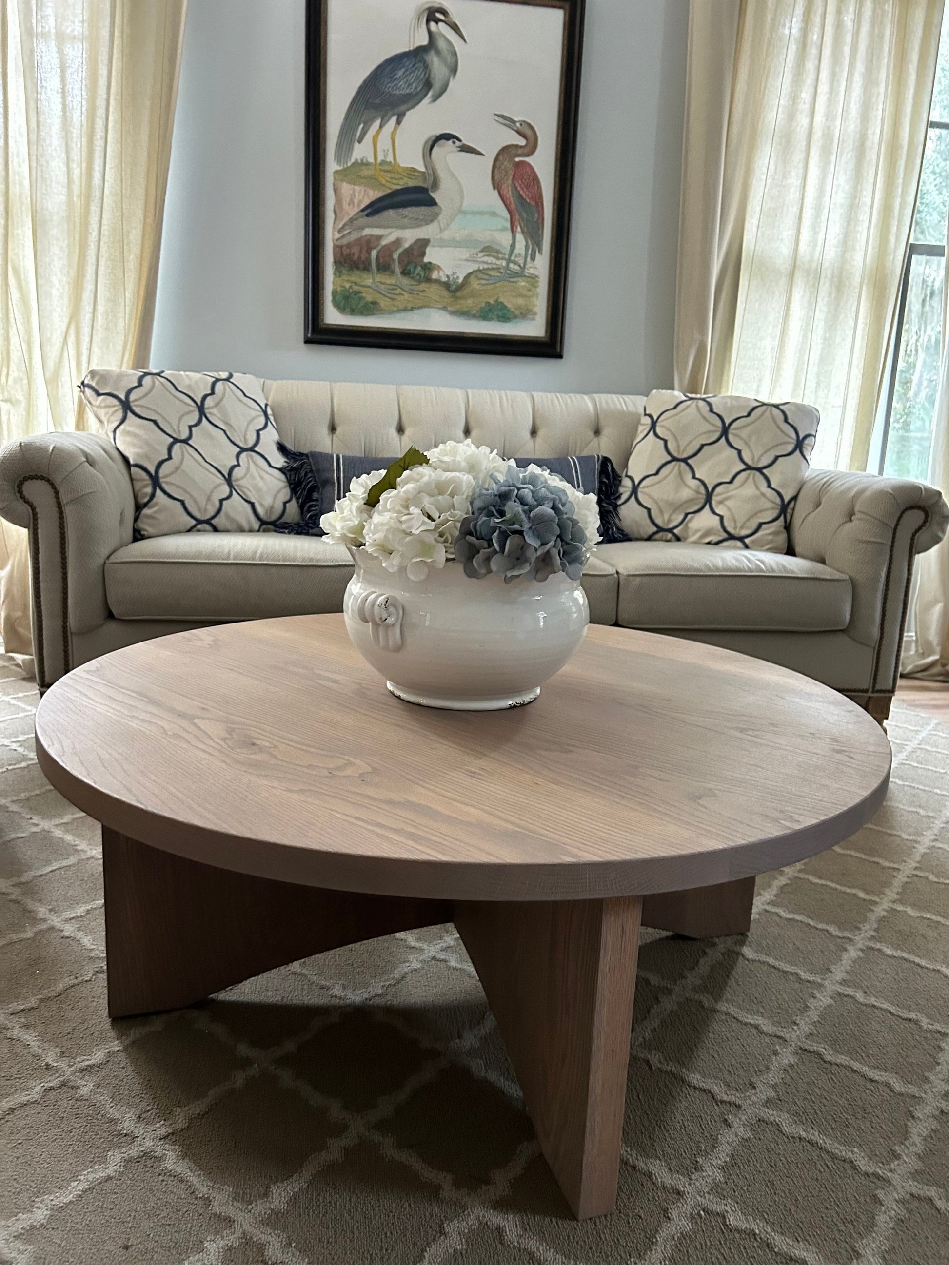 Modern Round White Oak Coffee Table with X Base