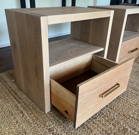 Solid White Oak Nightstand with Solid Brass Hardware and BLUM Soft Close Drawer Slides. The drawer boxes are from soft maple and have walnut bottom panel.